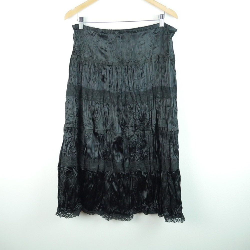 Vintage Y2K Black Satin Tiered Maxi Skirt Lace Crinkle Goth XL Whimsigoth Witchy